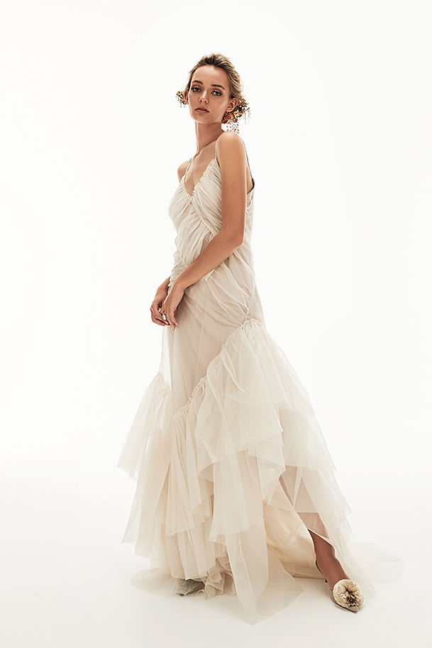 ‘Charlise’ ruched silk organza gown.