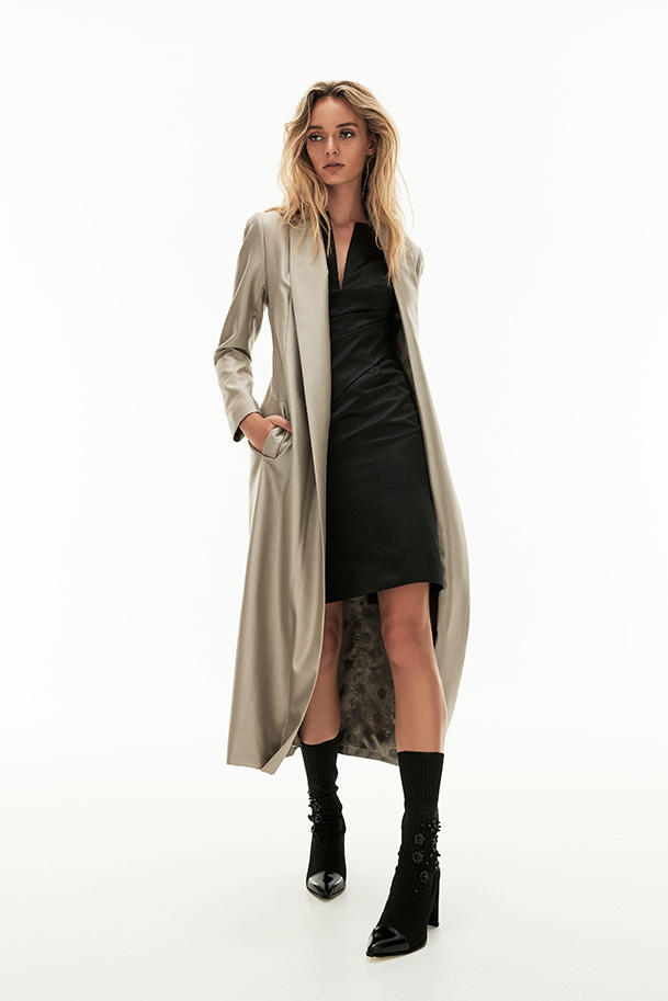 ‘Claire’ duchess silk satin cocktail dress under wool/silk ‘Tuxedo Trench’.