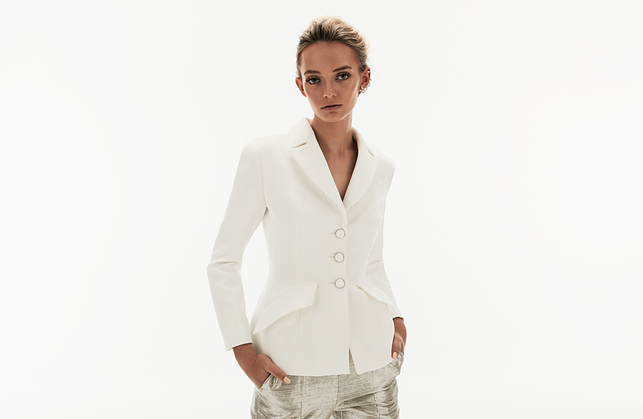 Modified ‘bar’ jacket. Silk Lurex tailored trouser