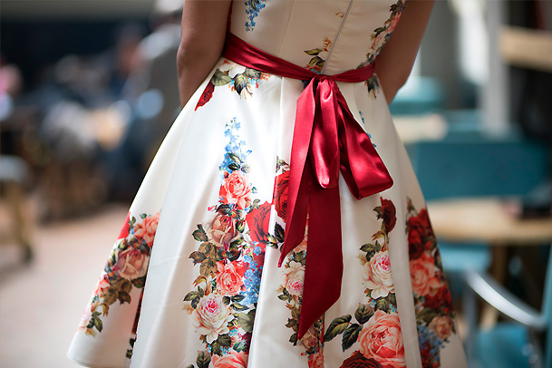 Fashions on the Field closeup of floral dress - Julie Goodwin Couture Melbourne couturier