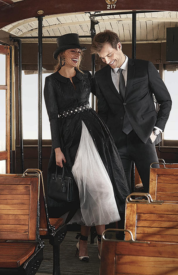 Black moire taffeta coat dress $2600, Tulle skirt $850, both by Julie Goodwin