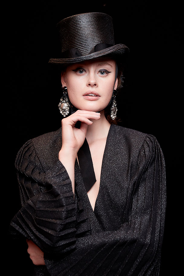 Model in lurex with top hat - Julie Goodwin Couture Melbourne