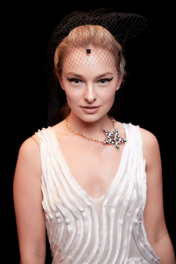 ‘Daisy’ Bias cut silk ribbons on silk georgette with statement necklace – Julie Goodwin Couture
