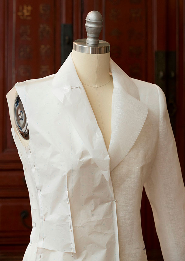 Pinned pattern pieces on a Julie Goodwin Couture jacket